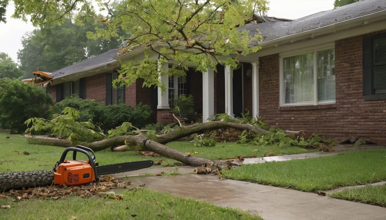 A local tree provider's crew clearing a storm-fallen tree beside a house in the Wauwatosa area