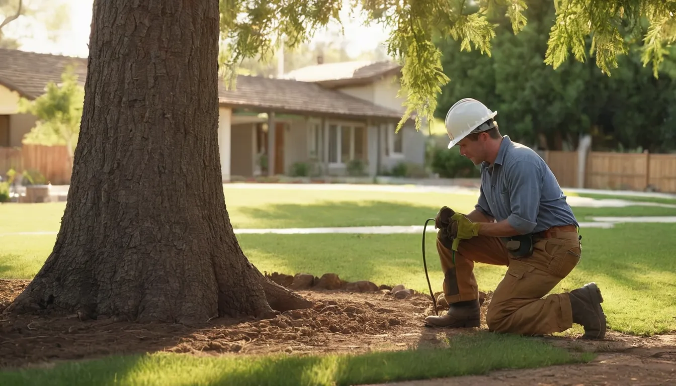 A provider checking a tree trunk in a residential yard in the Wauwatosa area
